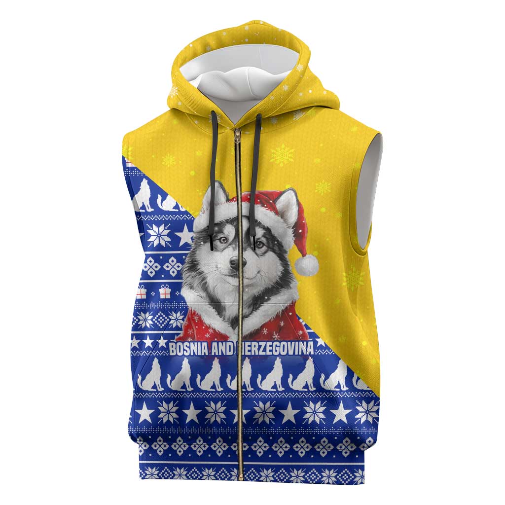 Bosnia and Herzegovina Christmas Sleeveless Zip Hoodie with Husky Dog Santa Hat and Blue Yellow Snowflake Pattern - Wonder Print Shop