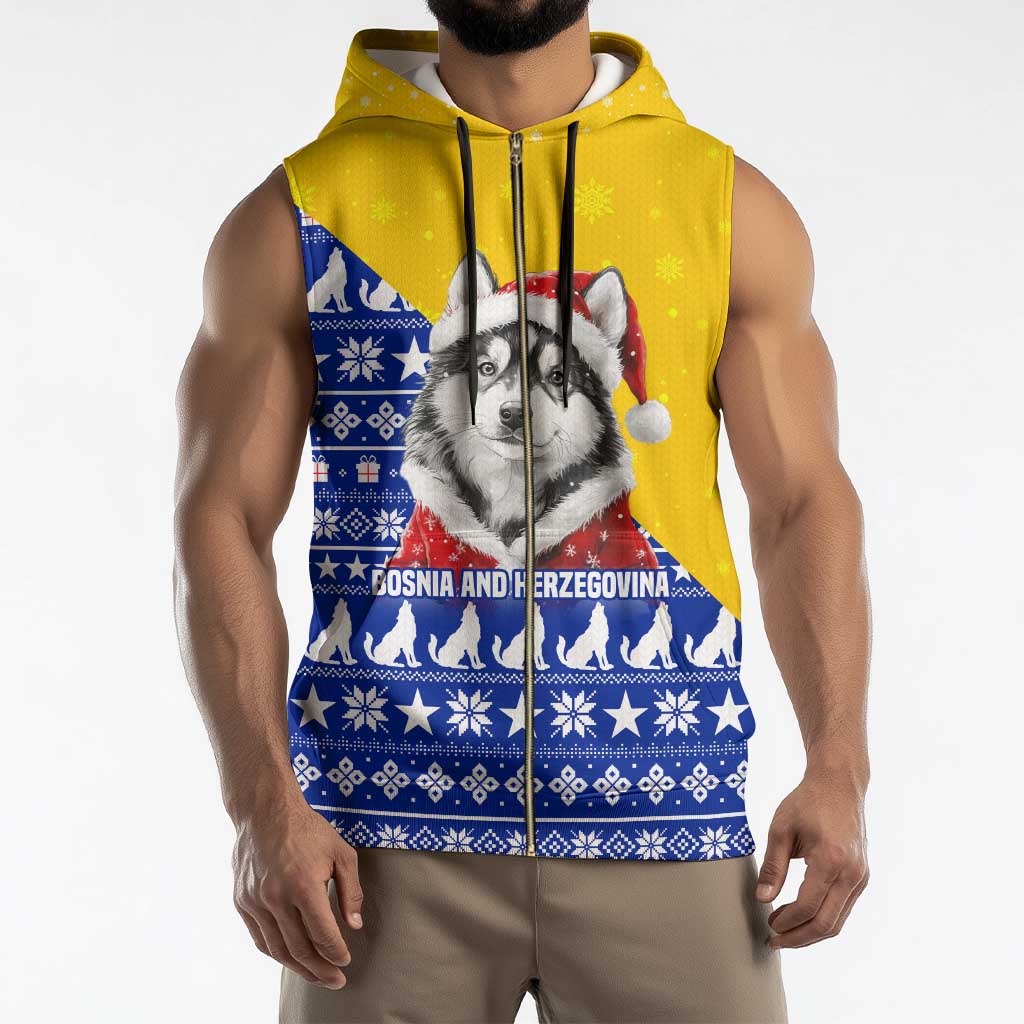 Bosnia and Herzegovina Christmas Sleeveless Zip Hoodie with Husky Dog Santa Hat and Blue Yellow Snowflake Pattern - Wonder Print Shop