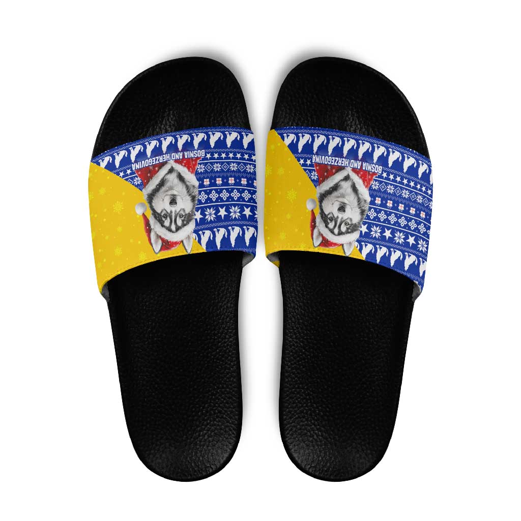 Bosnia and Herzegovina Christmas Slide Sandals with Husky Dog Santa Hat and Blue Yellow Snowflake Pattern - Wonder Print Shop