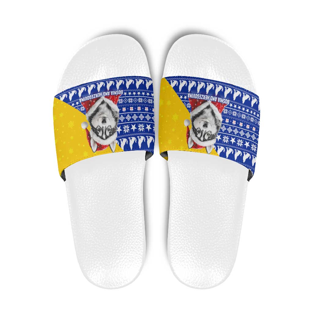 Bosnia and Herzegovina Christmas Slide Sandals with Husky Dog Santa Hat and Blue Yellow Snowflake Pattern - Wonder Print Shop