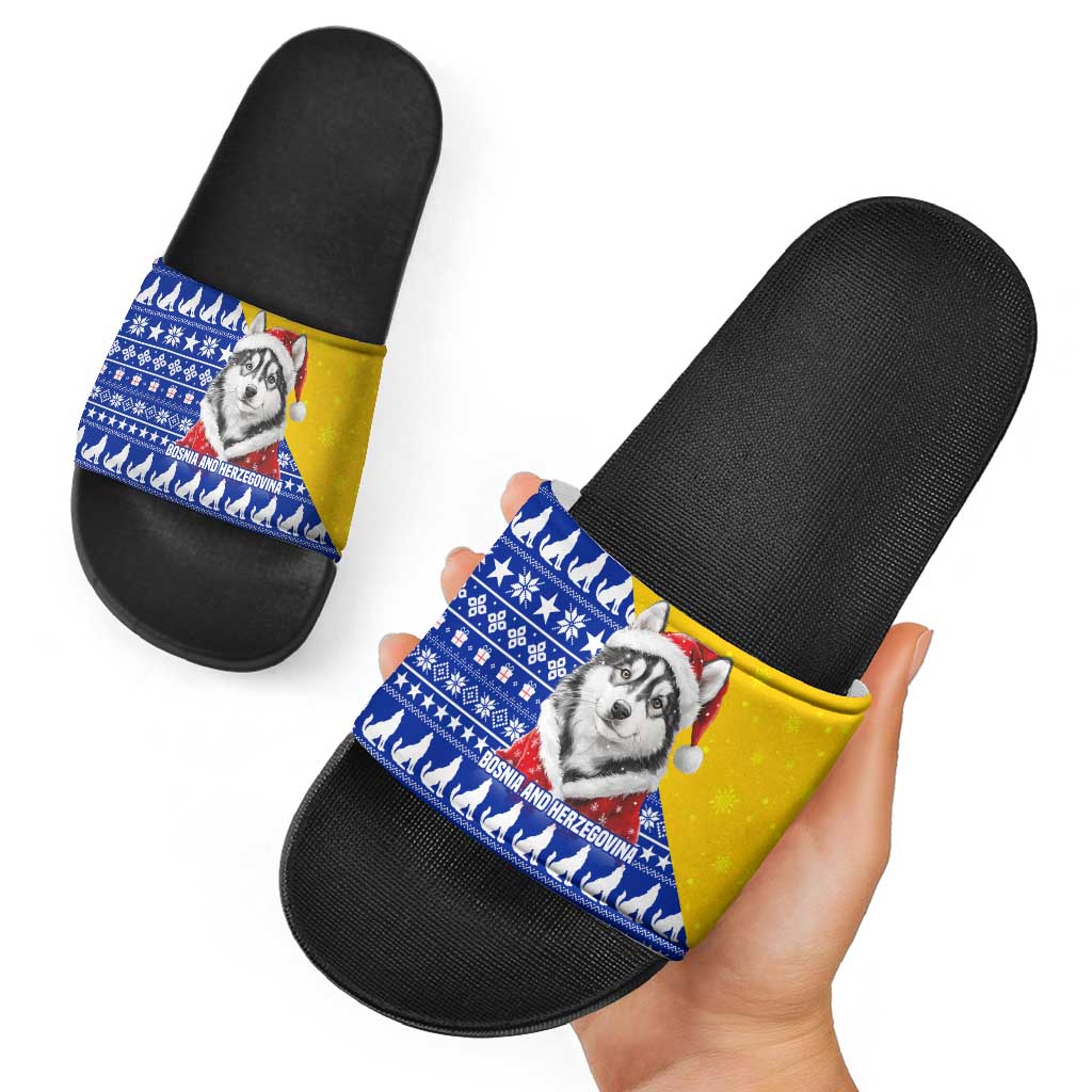 Bosnia and Herzegovina Christmas Slide Sandals with Husky Dog Santa Hat and Blue Yellow Snowflake Pattern - Wonder Print Shop