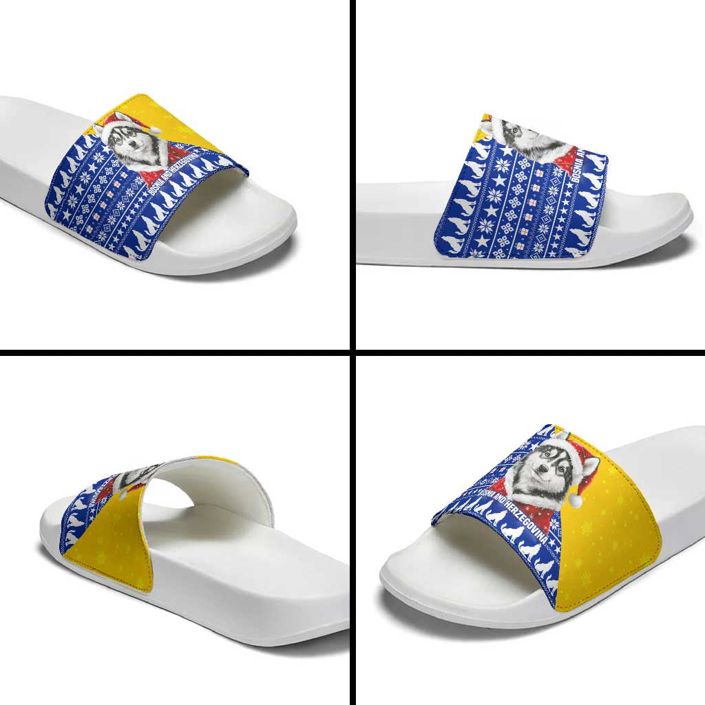 Bosnia and Herzegovina Christmas Slide Sandals with Husky Dog Santa Hat and Blue Yellow Snowflake Pattern - Wonder Print Shop