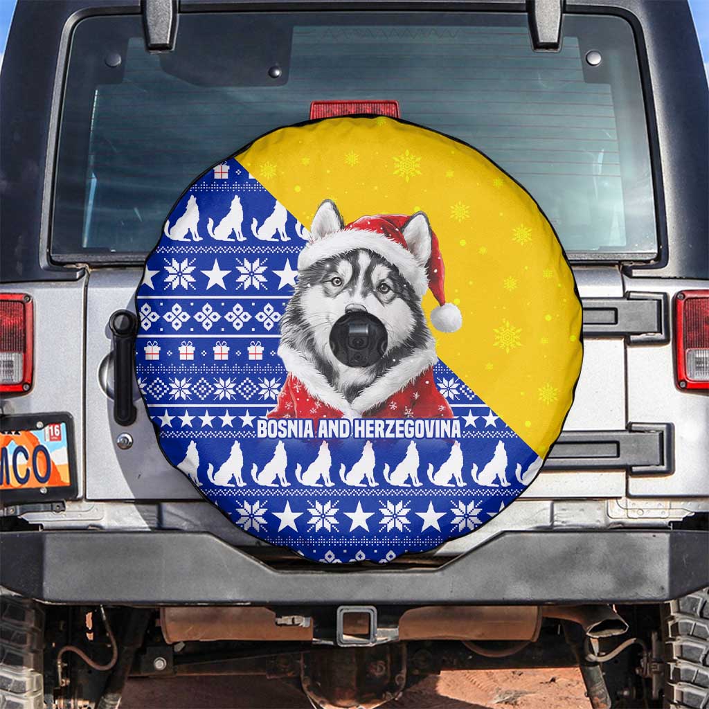 Bosnia and Herzegovina Christmas Spare Tire Cover with Husky Dog Santa Hat and Blue Yellow Snowflake Pattern - Wonder Print Shop