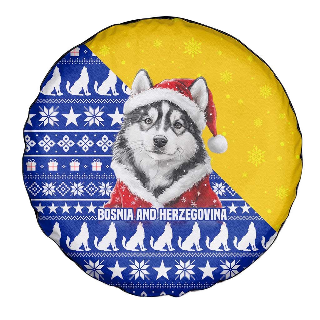 Bosnia and Herzegovina Christmas Spare Tire Cover with Husky Dog Santa Hat and Blue Yellow Snowflake Pattern - Wonder Print Shop