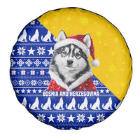 Bosnia and Herzegovina Christmas Spare Tire Cover with Husky Dog Santa Hat and Blue Yellow Snowflake Pattern - Wonder Print Shop