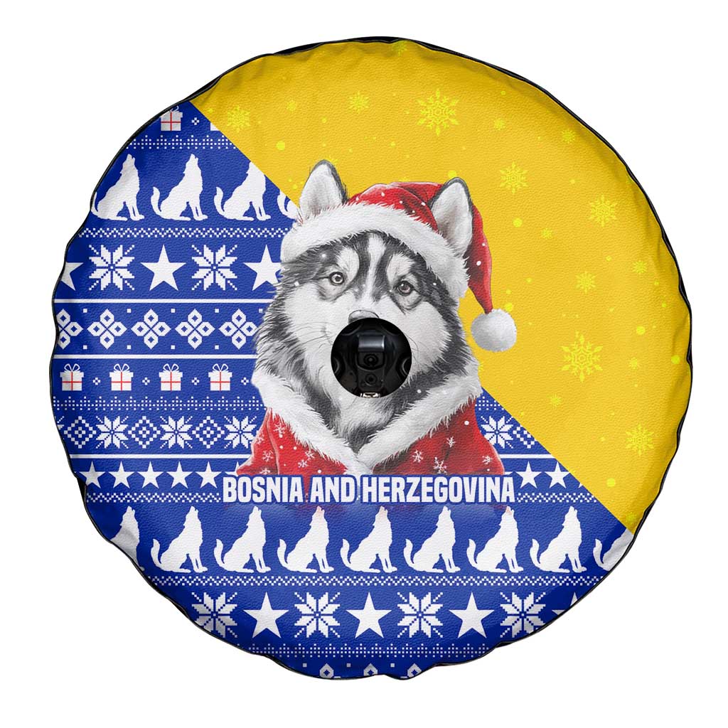 Bosnia and Herzegovina Christmas Spare Tire Cover with Husky Dog Santa Hat and Blue Yellow Snowflake Pattern - Wonder Print Shop