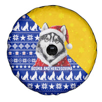 Bosnia and Herzegovina Christmas Spare Tire Cover with Husky Dog Santa Hat and Blue Yellow Snowflake Pattern - Wonder Print Shop