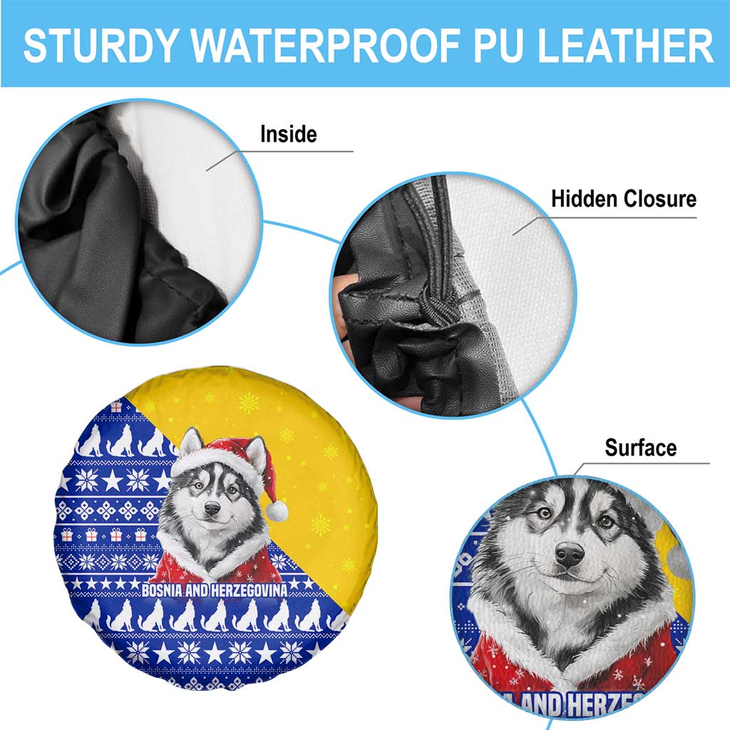 Bosnia and Herzegovina Christmas Spare Tire Cover with Husky Dog Santa Hat and Blue Yellow Snowflake Pattern - Wonder Print Shop