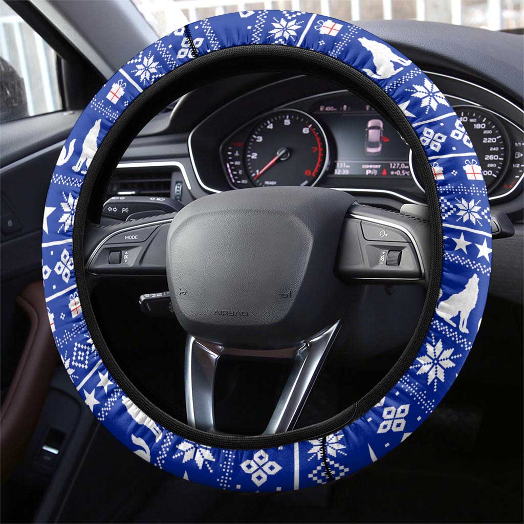 Bosnia and Herzegovina Christmas Steering Wheel Cover with Husky Dog Santa Hat and Blue Yellow Snowflake Pattern - Wonder Print Shop