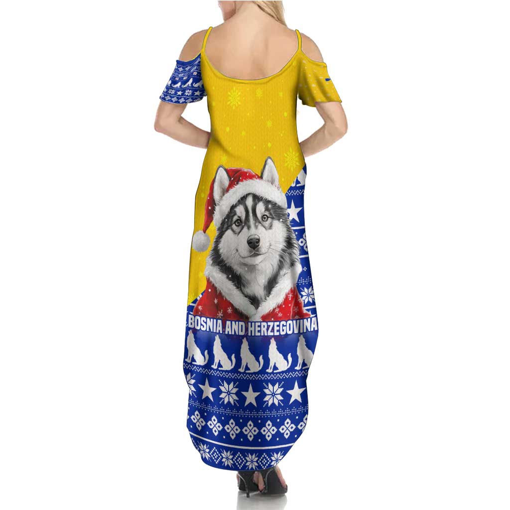 Bosnia and Herzegovina Christmas Summer Maxi Dress with Husky Dog Santa Hat and Blue Yellow Snowflake Pattern - Wonder Print Shop