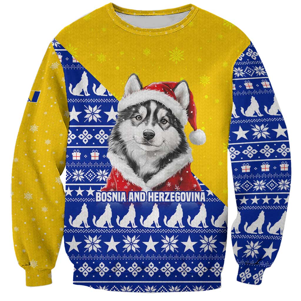 Bosnia and Herzegovina Christmas Sweatshirt with Husky Dog Santa Hat and Blue Yellow Snowflake Pattern - Wonder Print Shop