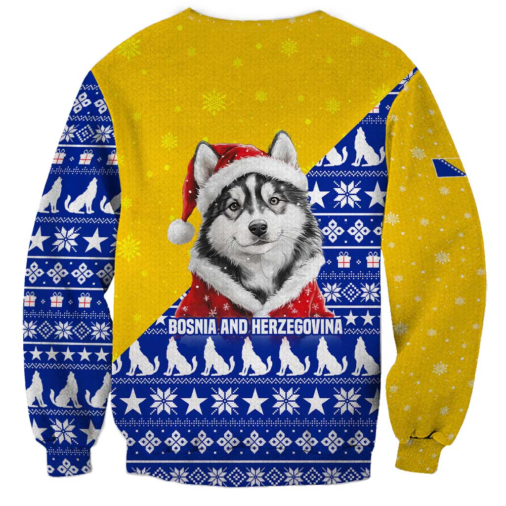 Bosnia and Herzegovina Christmas Sweatshirt with Husky Dog Santa Hat and Blue Yellow Snowflake Pattern - Wonder Print Shop