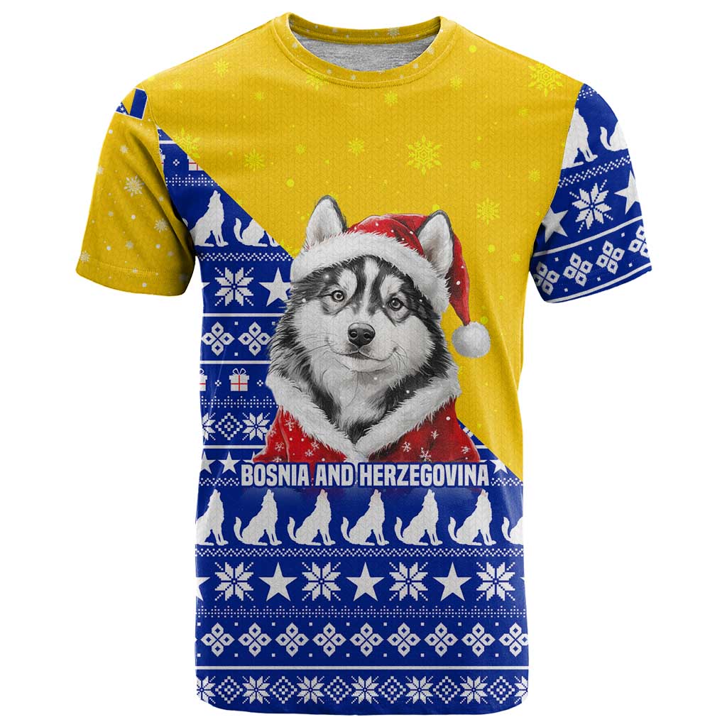 Bosnia and Herzegovina Christmas T Shirt with Husky Dog Santa Hat and Blue Yellow Snowflake Pattern - Wonder Print Shop