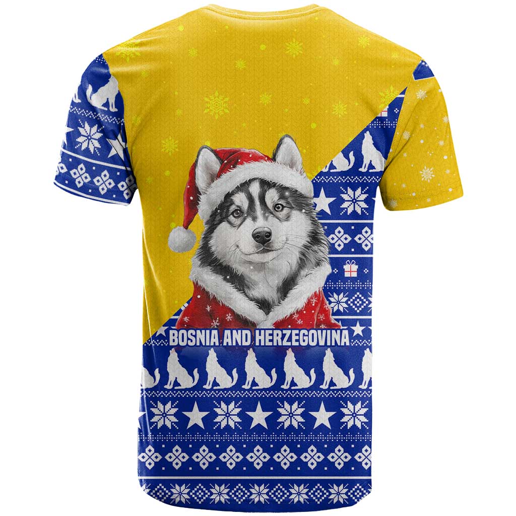 Bosnia and Herzegovina Christmas T Shirt with Husky Dog Santa Hat and Blue Yellow Snowflake Pattern - Wonder Print Shop