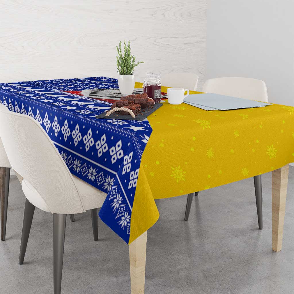 Bosnia and Herzegovina Christmas Tablecloth with Husky Dog Santa Hat and Blue Yellow Snowflake Pattern - Wonder Print Shop
