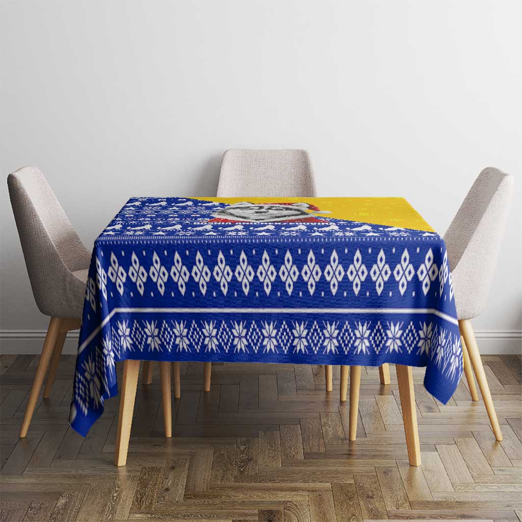 Bosnia and Herzegovina Christmas Tablecloth with Husky Dog Santa Hat and Blue Yellow Snowflake Pattern - Wonder Print Shop