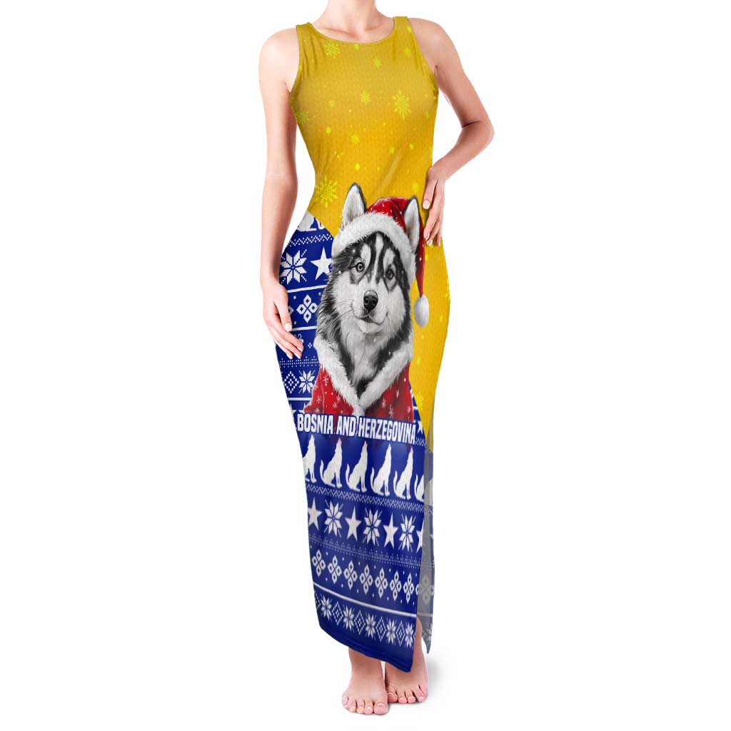 Bosnia and Herzegovina Christmas Tank Maxi Dress with Husky Dog Santa Hat and Blue Yellow Snowflake Pattern - Wonder Print Shop