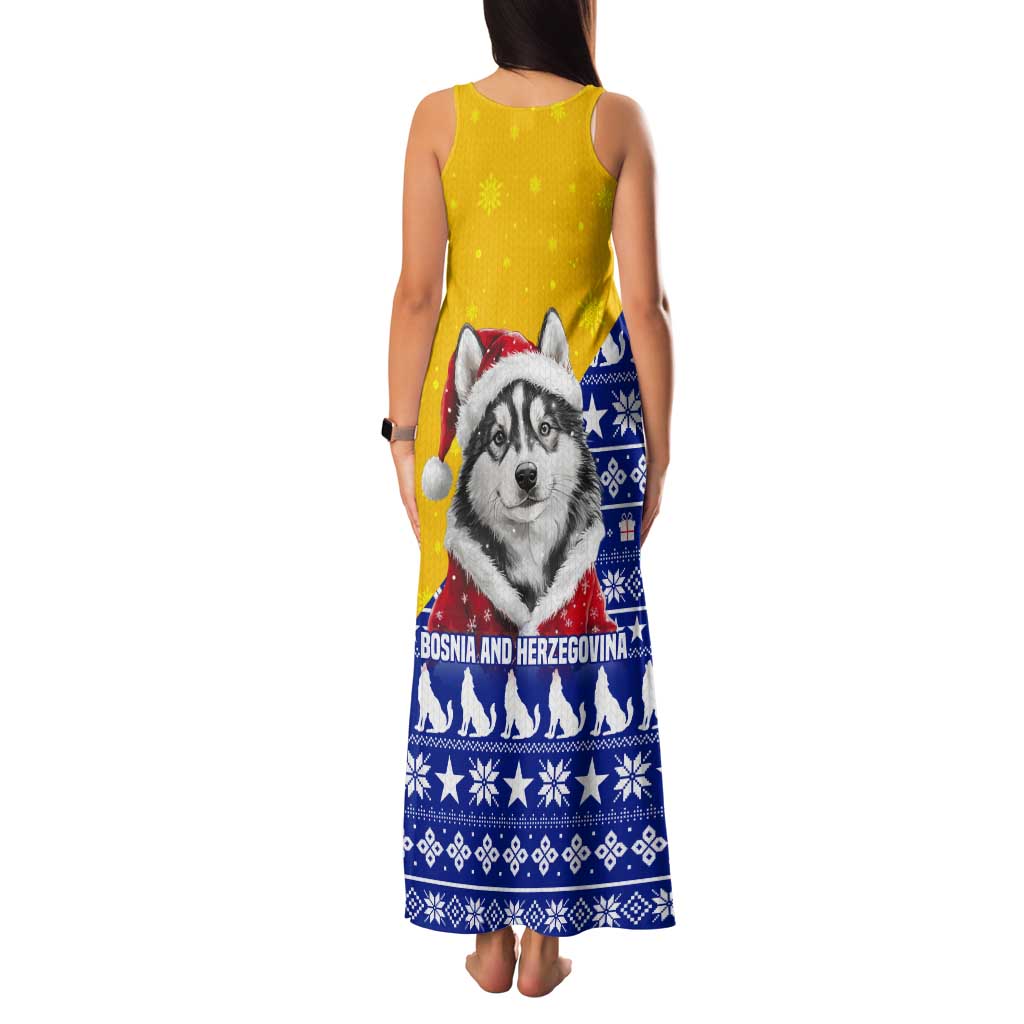 Bosnia and Herzegovina Christmas Tank Maxi Dress with Husky Dog Santa Hat and Blue Yellow Snowflake Pattern - Wonder Print Shop