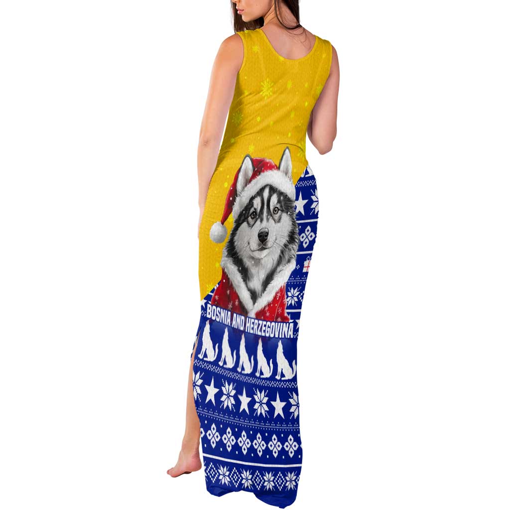 Bosnia and Herzegovina Christmas Tank Maxi Dress with Husky Dog Santa Hat and Blue Yellow Snowflake Pattern - Wonder Print Shop