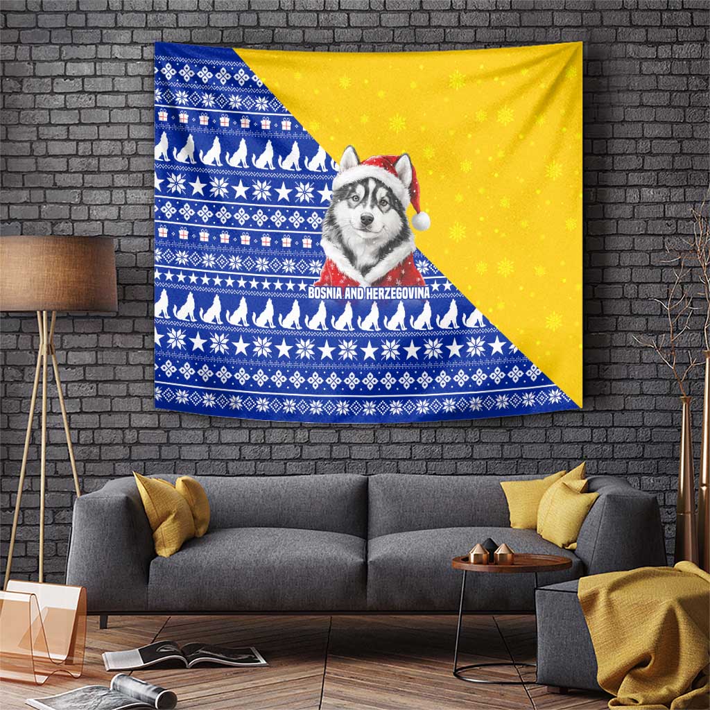 Bosnia and Herzegovina Christmas Tapestry with Husky Dog Santa Hat and Blue Yellow Snowflake Pattern - Wonder Print Shop