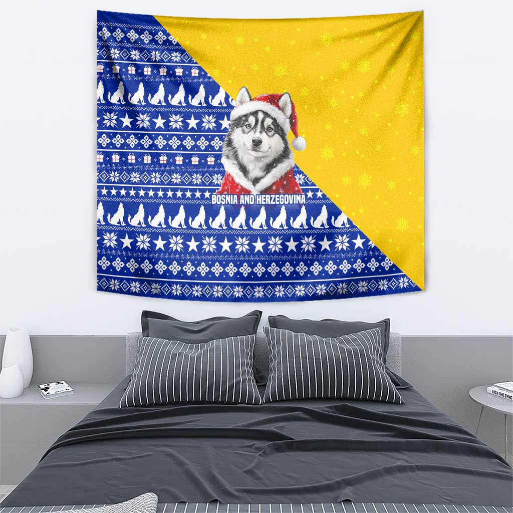 Bosnia and Herzegovina Christmas Tapestry with Husky Dog Santa Hat and Blue Yellow Snowflake Pattern - Wonder Print Shop