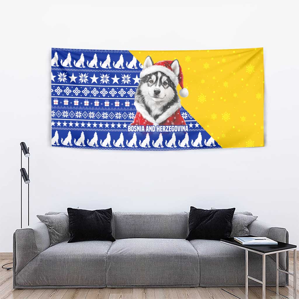 Bosnia and Herzegovina Christmas Tapestry with Husky Dog Santa Hat and Blue Yellow Snowflake Pattern - Wonder Print Shop