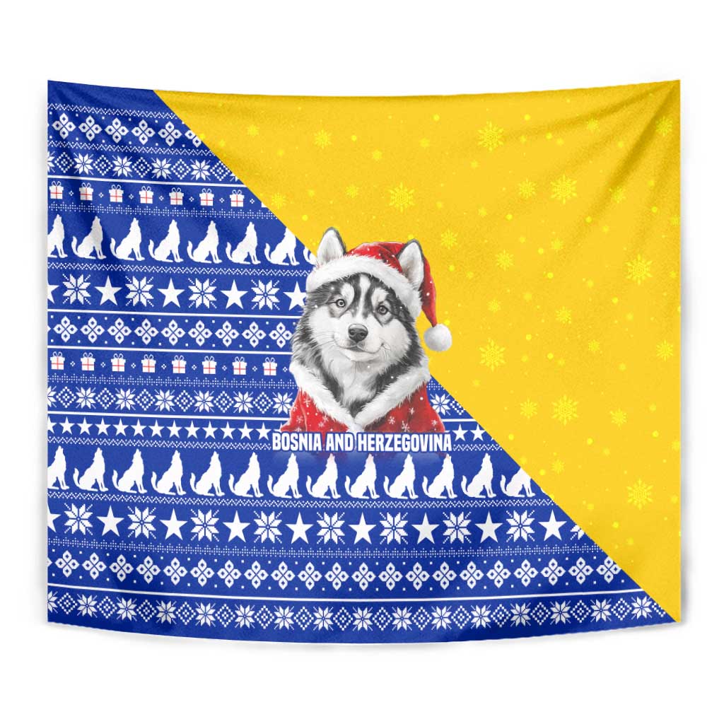 Bosnia and Herzegovina Christmas Tapestry with Husky Dog Santa Hat and Blue Yellow Snowflake Pattern - Wonder Print Shop