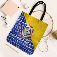 Bosnia and Herzegovina Christmas Tote Bag with Husky Dog Santa Hat and Blue Yellow Snowflake Pattern - Wonder Print Shop