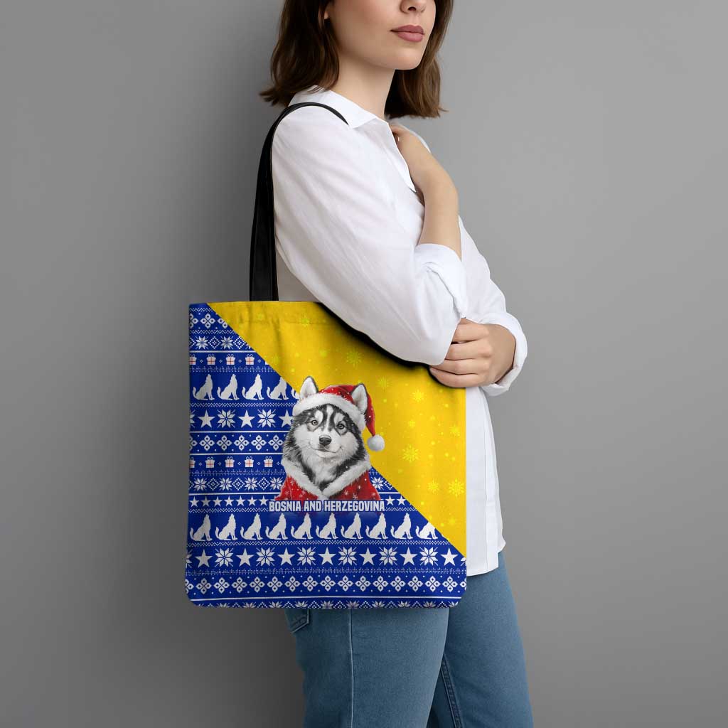 Bosnia and Herzegovina Christmas Tote Bag with Husky Dog Santa Hat and Blue Yellow Snowflake Pattern - Wonder Print Shop