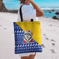Bosnia and Herzegovina Christmas Tote Bag with Husky Dog Santa Hat and Blue Yellow Snowflake Pattern - Wonder Print Shop