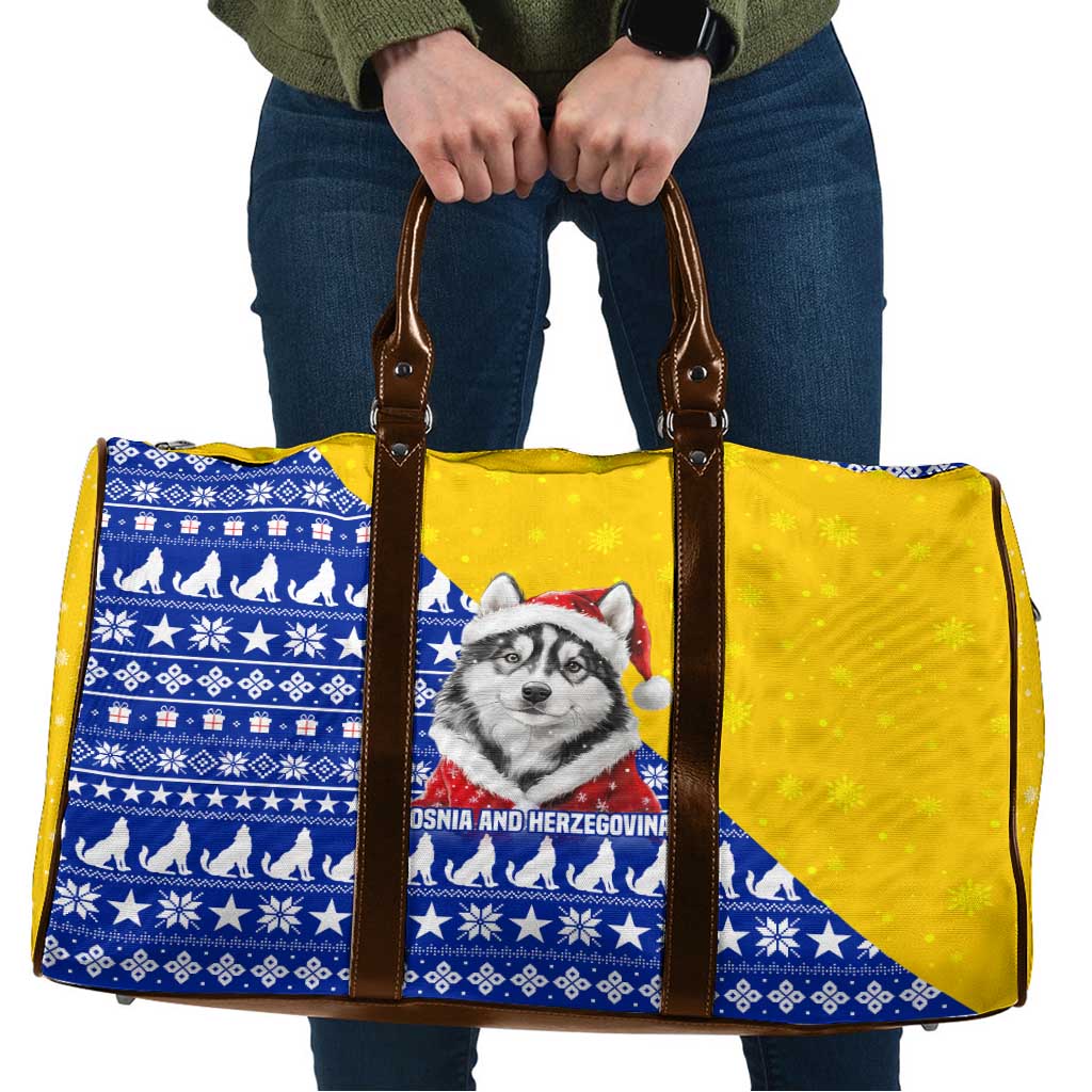 Bosnia and Herzegovina Christmas Travel Bag with Husky Dog Santa Hat and Blue Yellow Snowflake Pattern - Wonder Print Shop