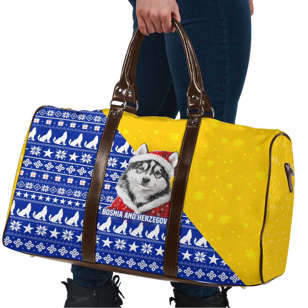 Bosnia and Herzegovina Christmas Travel Bag with Husky Dog Santa Hat and Blue Yellow Snowflake Pattern - Wonder Print Shop