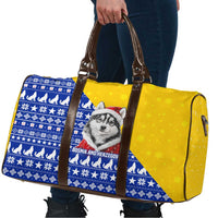 Bosnia and Herzegovina Christmas Travel Bag with Husky Dog Santa Hat and Blue Yellow Snowflake Pattern - Wonder Print Shop