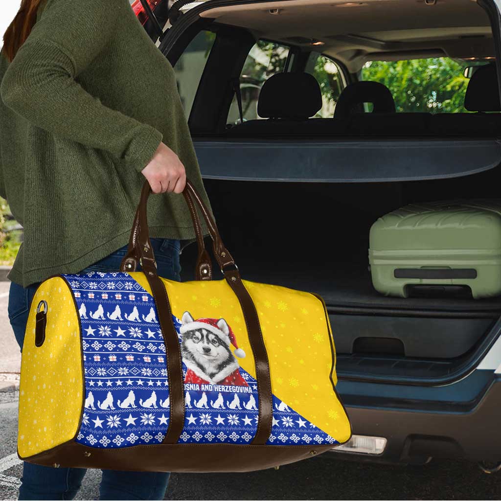 Bosnia and Herzegovina Christmas Travel Bag with Husky Dog Santa Hat and Blue Yellow Snowflake Pattern - Wonder Print Shop