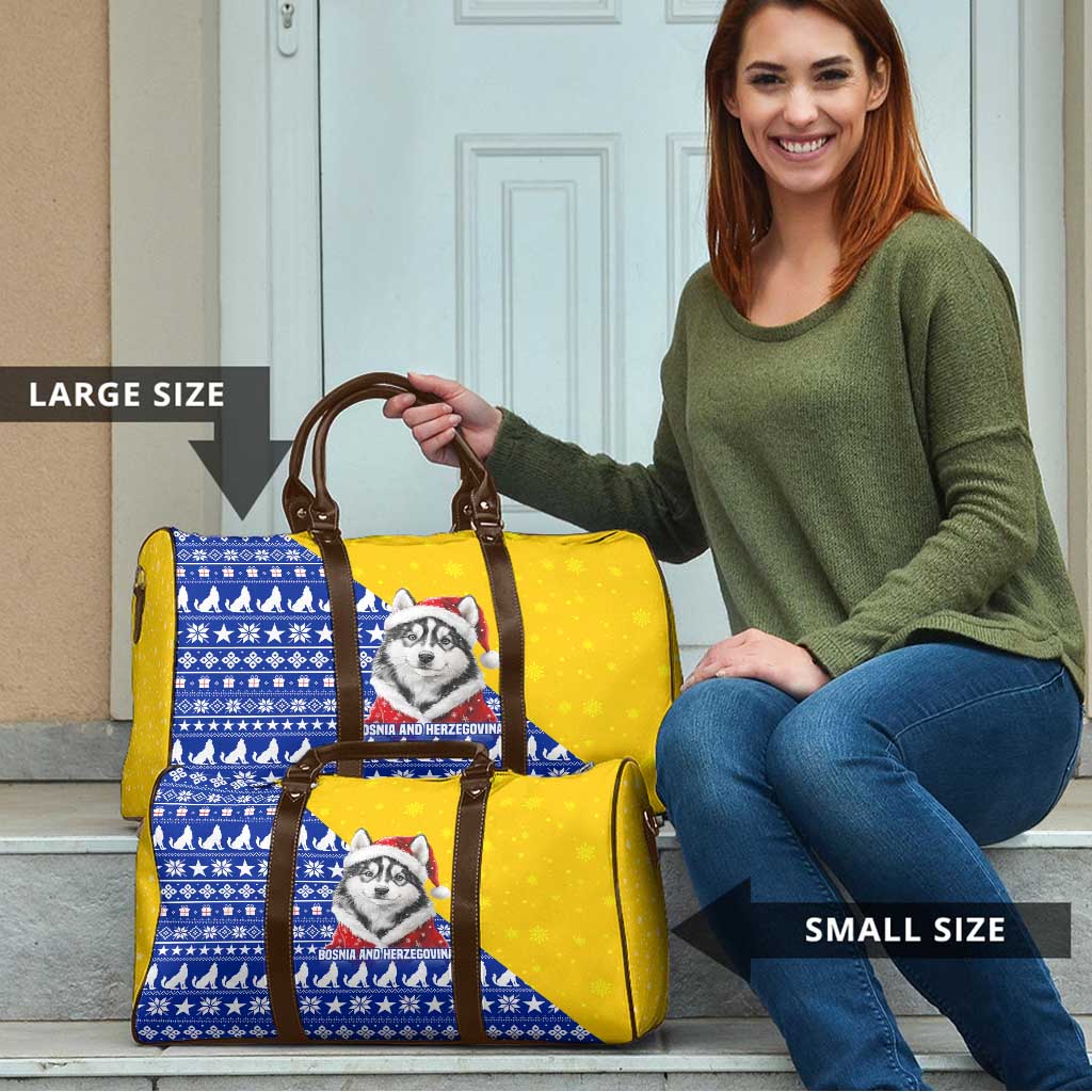Bosnia and Herzegovina Christmas Travel Bag with Husky Dog Santa Hat and Blue Yellow Snowflake Pattern - Wonder Print Shop