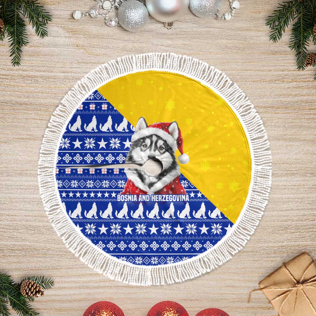 Bosnia and Herzegovina Christmas Tree Skirt with Husky Dog Santa Hat and Blue Yellow Snowflake Pattern - Wonder Print Shop