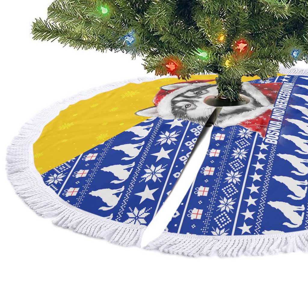 Bosnia and Herzegovina Christmas Tree Skirt with Husky Dog Santa Hat and Blue Yellow Snowflake Pattern - Wonder Print Shop