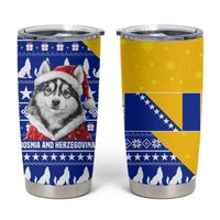Bosnia and Herzegovina Christmas Tumbler Cup with Husky Dog Santa Hat and Blue Yellow Snowflake Pattern - Wonder Print Shop