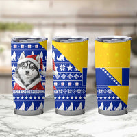 Bosnia and Herzegovina Christmas Tumbler Cup with Husky Dog Santa Hat and Blue Yellow Snowflake Pattern - Wonder Print Shop
