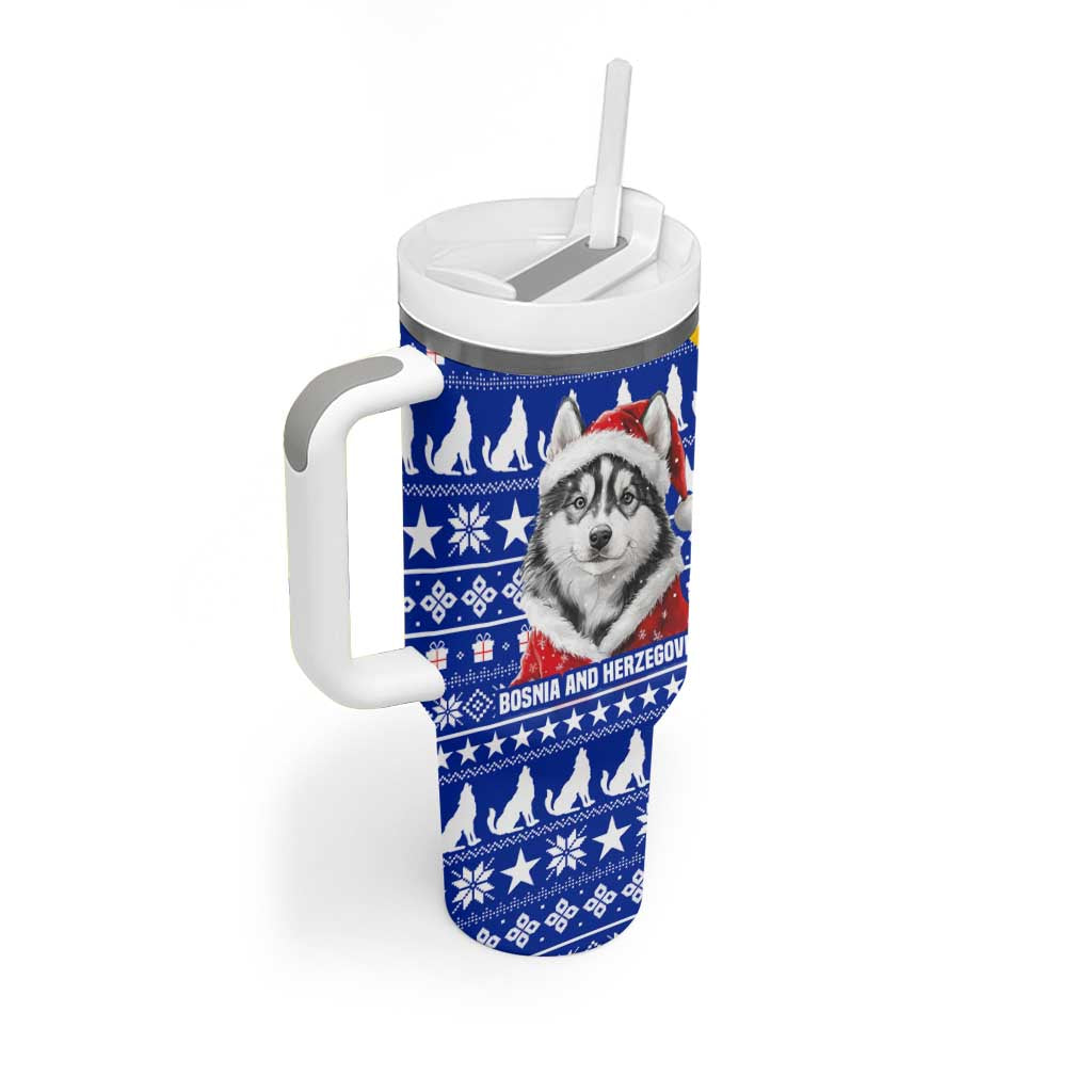Bosnia and Herzegovina Christmas Tumbler With Handle with Husky Dog Santa Hat and Blue Yellow Snowflake Pattern - Wonder Print Shop