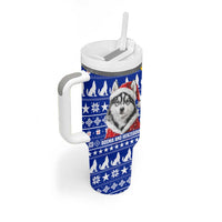 Bosnia and Herzegovina Christmas Tumbler With Handle with Husky Dog Santa Hat and Blue Yellow Snowflake Pattern - Wonder Print Shop
