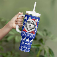 Bosnia and Herzegovina Christmas Tumbler With Handle with Husky Dog Santa Hat and Blue Yellow Snowflake Pattern - Wonder Print Shop