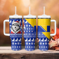 Bosnia and Herzegovina Christmas Tumbler With Handle with Husky Dog Santa Hat and Blue Yellow Snowflake Pattern - Wonder Print Shop