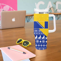 Bosnia and Herzegovina Christmas Tumbler With Handle with Husky Dog Santa Hat and Blue Yellow Snowflake Pattern - Wonder Print Shop