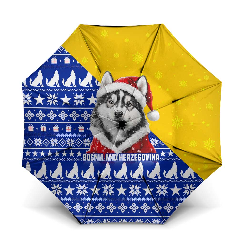 Bosnia and Herzegovina Christmas Umbrella with Husky Dog Santa Hat and Blue Yellow Snowflake Pattern - Wonder Print Shop