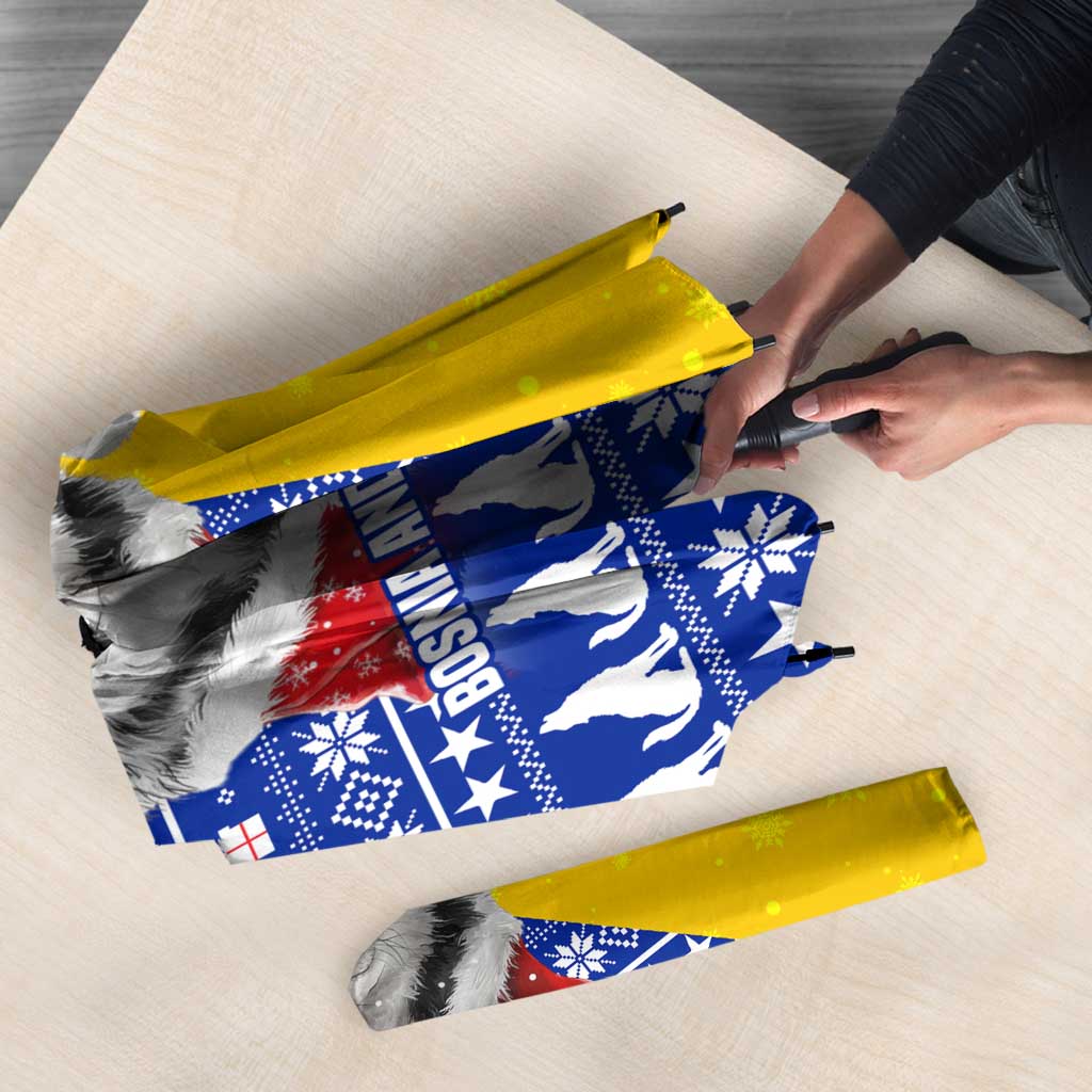 Bosnia and Herzegovina Christmas Umbrella with Husky Dog Santa Hat and Blue Yellow Snowflake Pattern - Wonder Print Shop