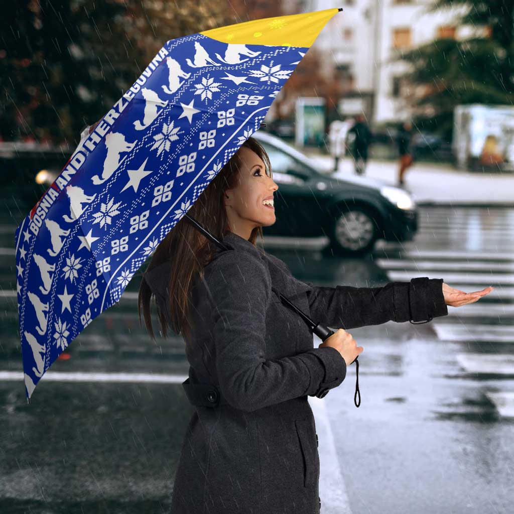 Bosnia and Herzegovina Christmas Umbrella with Husky Dog Santa Hat and Blue Yellow Snowflake Pattern - Wonder Print Shop