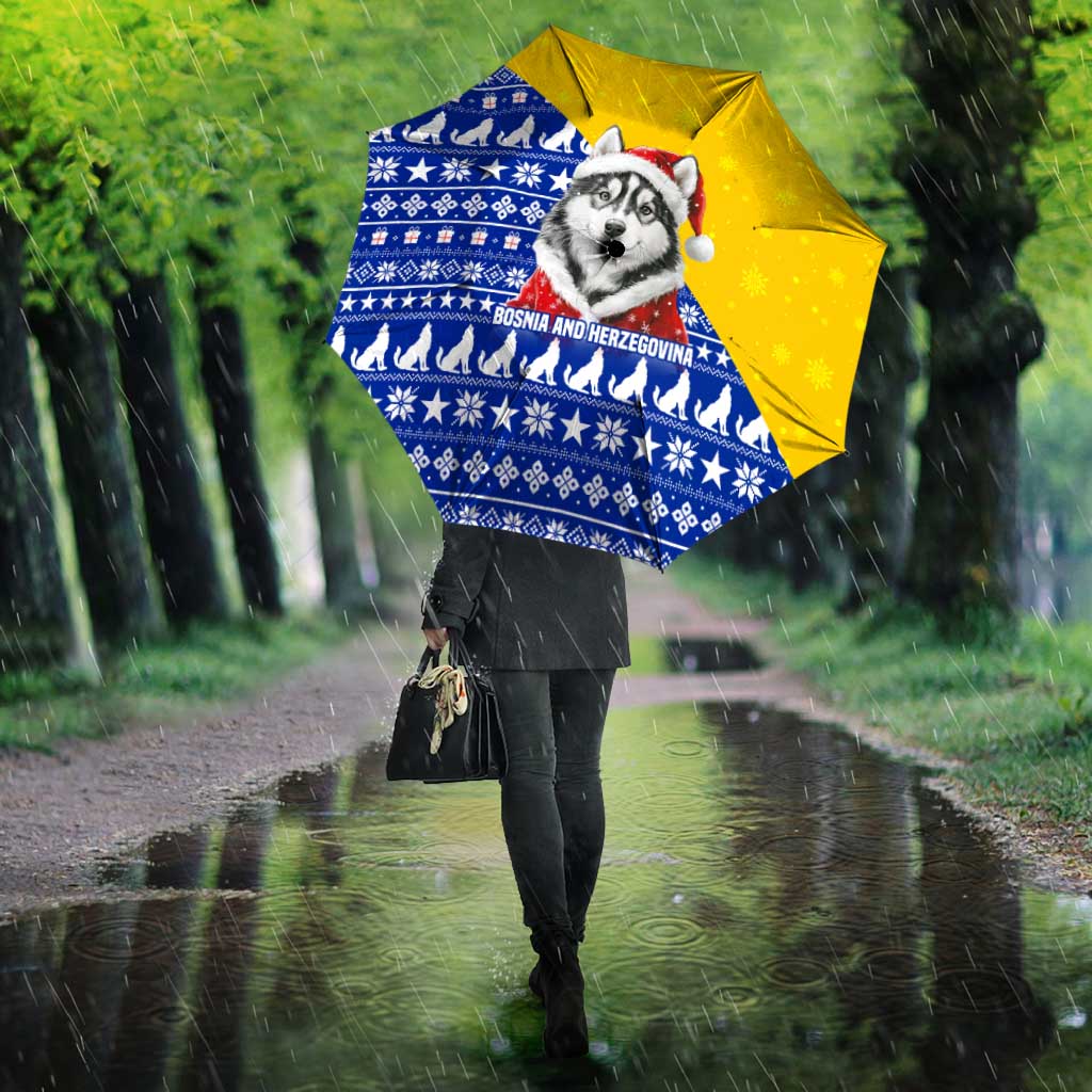 Bosnia and Herzegovina Christmas Umbrella with Husky Dog Santa Hat and Blue Yellow Snowflake Pattern - Wonder Print Shop