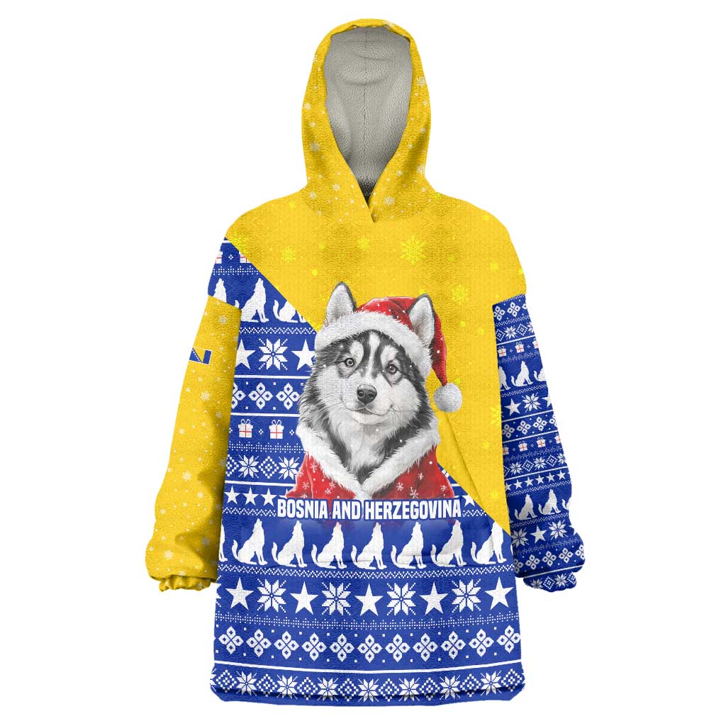 Bosnia and Herzegovina Christmas Wearable Blanket Hoodie with Husky Dog Santa Hat and Blue Yellow Snowflake Pattern - Wonder Print Shop