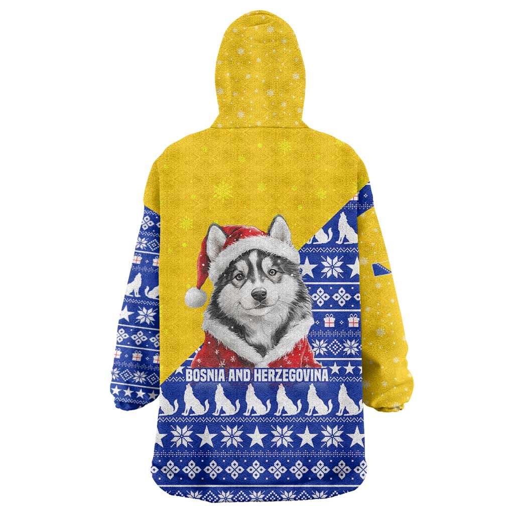 Bosnia and Herzegovina Christmas Wearable Blanket Hoodie with Husky Dog Santa Hat and Blue Yellow Snowflake Pattern - Wonder Print Shop